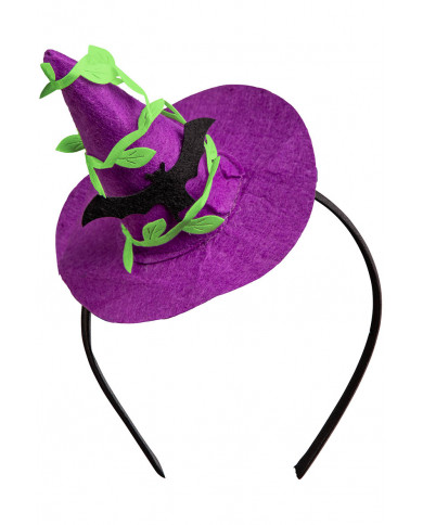 sombrero pequeño de bruja morado con murciélago y diadema con solapa de cartón