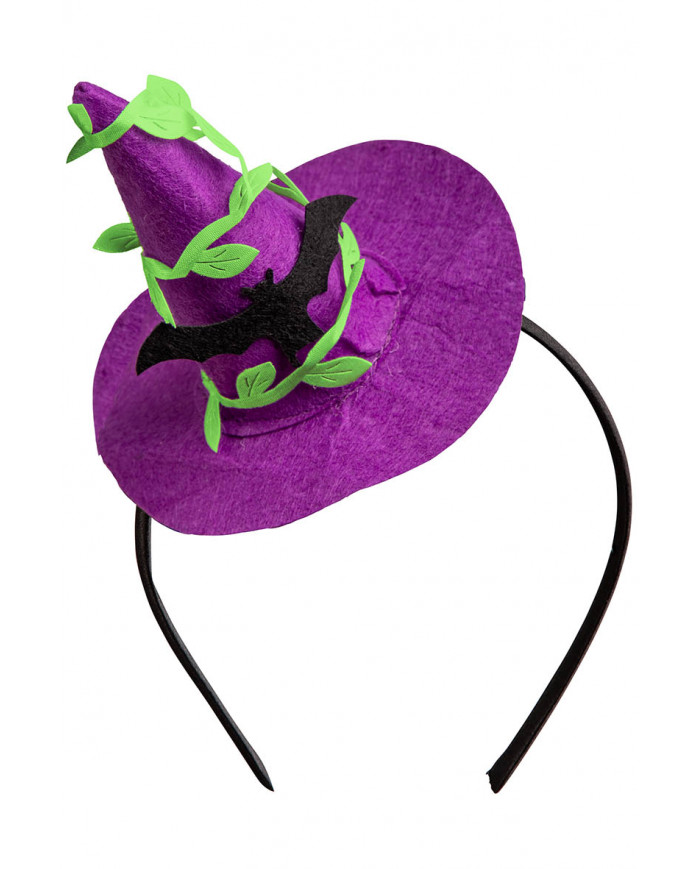 Cappellino strega viola con pipistrello con cerchietto con cav. Cappellino strega viola con pipistrello con cerchietto con cav.