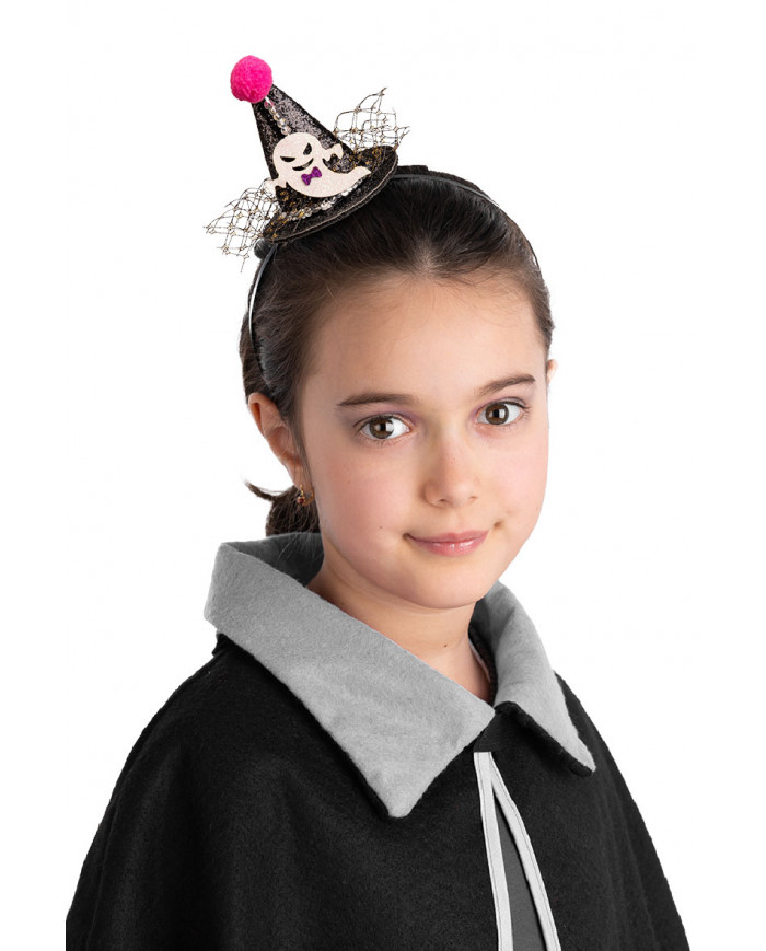 GLITTERED BLACK MINI HAT WITH POM-POM AND GHOST ON HEADBAND WITH HEADER