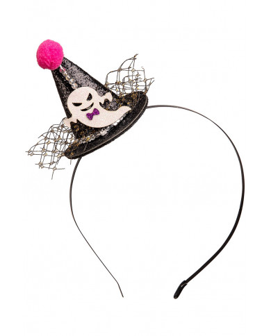 chapeau noir en poudre de paillettes avec pompon et fantôme avec serre-tête avec carte d’en-tête