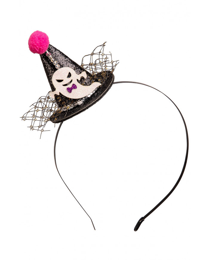 chapeau noir en poudre de paillettes avec pompon et fantôme avec serre-tête avec carte d’en-tête