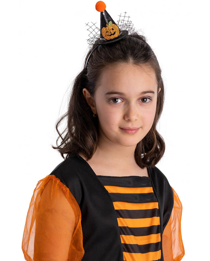 GLITTERED BLACK MINI HAT WITH POM-POM AND PUMPKIN ON HEADBAND WITH HEADER