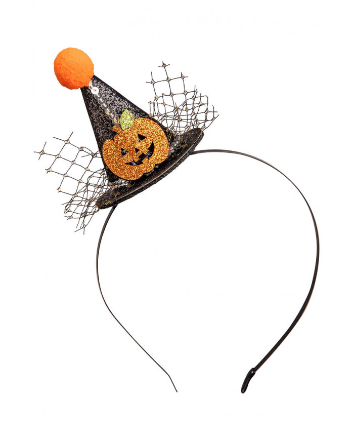 sombrero pequeño negro de purpurina con pompón y calabaza con diadema con solapa de cartón