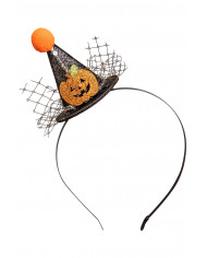 sombrero pequeño negro de purpurina con pompón y calabaza con diadema con solapa de cartón