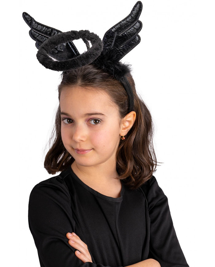 diadema de ángel negro con aureola, alas y marabú con solapa de cartón diadema de ángel negro con aureola, alas y marabú con solapa de cartón