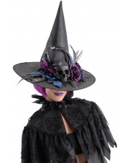 sombrero de bruja negro de tela plastificada con calavera y adornos de purpurina de unos 45 cm. de alto con etiqueta col...