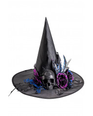 BLACK WITCH HAT IN PLASTIC FABRIC WITH SKULL AND GLITTERED DEC. H.CM. 45 WITH HANGTAG LABEL