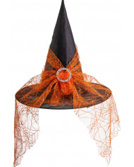 chapeau sorcière noir en tissu plastifié avec voile orange, hauteur 35 cm environ avec étiquette volante / étiquette