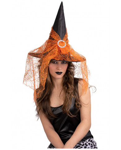chapeau sorcière noir en tissu plastifié avec voile orange, hauteur 35 cm environ avec étiquette volante / étiquette