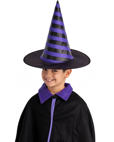 sombrero de bruja a rayas morado de tela plastificada de unos 35 cm. de alto con etiqueta colgante/etiqueta