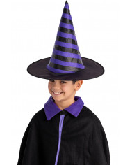 sombrero de bruja a rayas morado de tela plastificada de unos 35 cm. de alto con etiqueta colgante/etiqueta