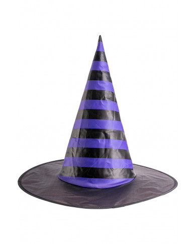 sombrero de bruja a rayas morado de tela plastificada de unos 35 cm. de alto con etiqueta colgante/etiqueta