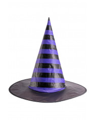 Hexenhut mit violetten Streifen aus kunststoffbeschicht. Stoff mit Totenkopf, H. cm 35 ca. mit Pappschild/Etikett Hexenhut mit violetten Streifen aus kunststoffbeschicht. Stoff mit Totenkopf, H. cm 35 ca. mit Pappschild/Etikett