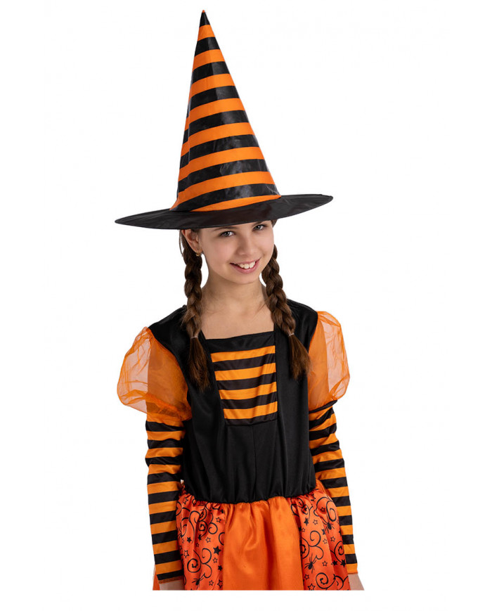 chapeau sorcière à rayures orange en tissu plastifié, hauteur 35 cm environ avec étiquette volante / étiquette