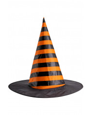 sombrero de bruja a rayas naranja en tela plastificada de unos 35 cm de alto con etiqueta colgante/etiqueta