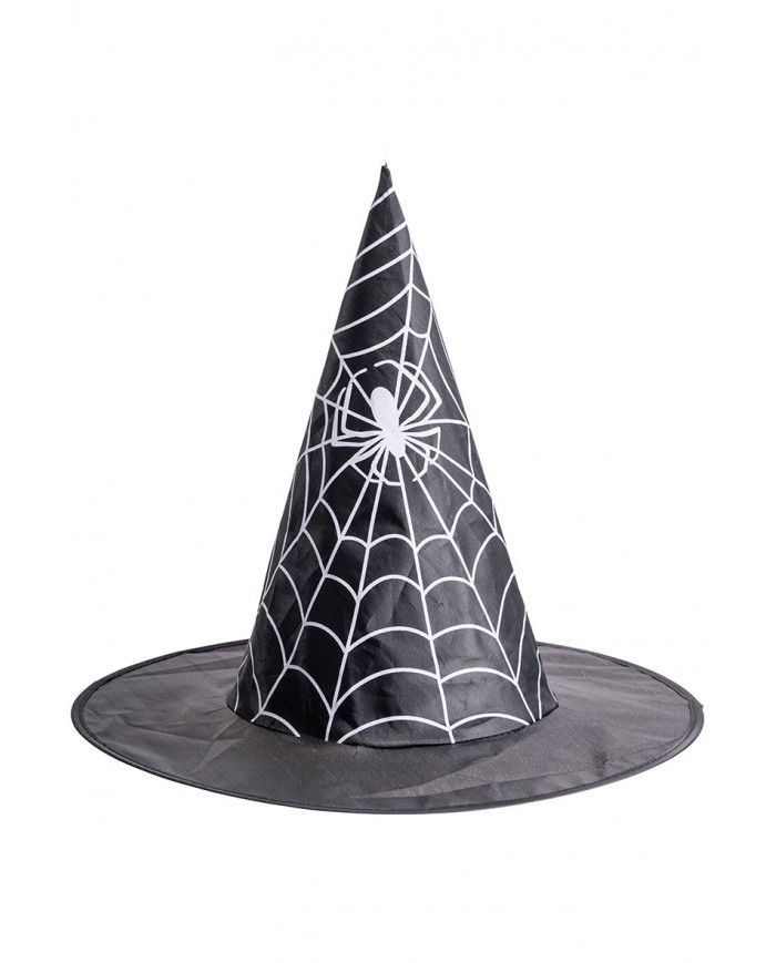Hexenhut mit Spinnennetz bedruckt aus kunststoffbeschicht. Stoff mit Totenkopf, H. cm 35 ca. mit Pappschild/Etikett Hexenhut mit Spinnennetz bedruckt aus kunststoffbeschicht. Stoff mit Totenkopf, H. cm 35 ca. mit Pappschild/Etikett