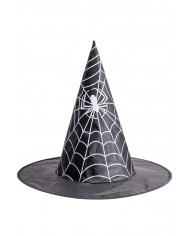 Hexenhut mit Spinnennetz bedruckt aus kunststoffbeschicht. Stoff mit Totenkopf, H. cm 35 ca. mit Pappschild/Etikett Hexenhut mit Spinnennetz bedruckt aus kunststoffbeschicht. Stoff mit Totenkopf, H. cm 35 ca. mit Pappschild/Etikett