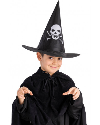 sombrero de bruja con estampado de calavera de tela plastificada de unos 35 cm. de alto con etiqueta colgante/etiqueta