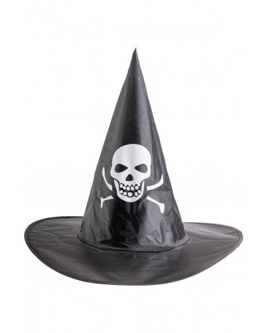 sombrero de bruja con estampado de calavera de tela plastificada de unos 35 cm. de alto con etiqueta colgante/etiqueta