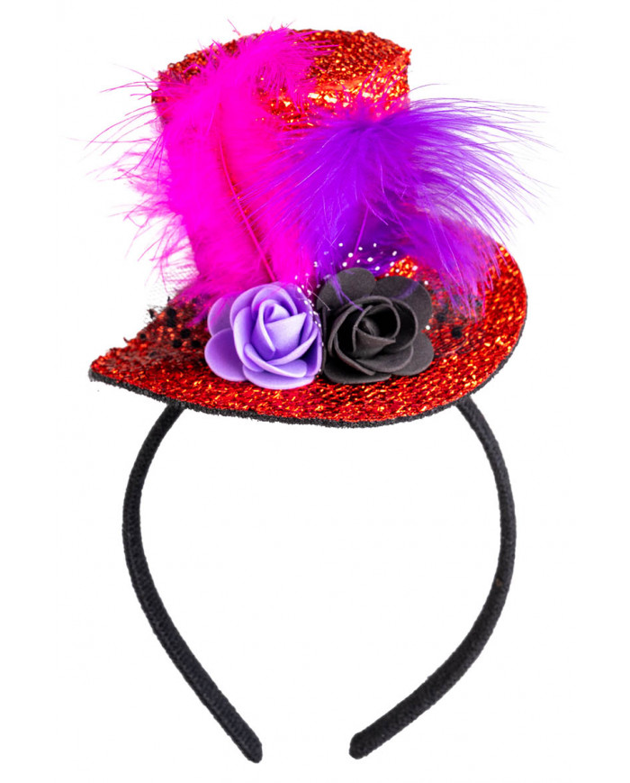 Rotes Hütchen aus gaufriertem Stoff mit Blumen, Federn, Voile mit Haarreif mit Pappschild/Etikett