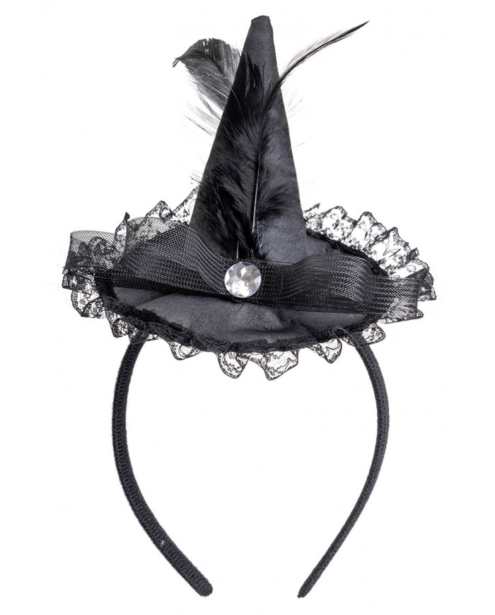 chapeau sorcière noir avec dentelle, plumes, voile, serre-tête avec carte d’en-tête chapeau sorcière noir avec dentelle, plumes, voile, serre-tête avec carte d’en-tête