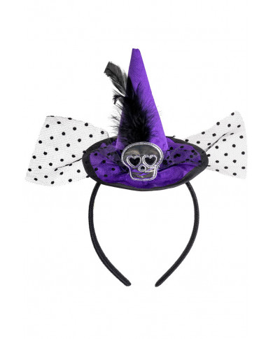 chapeau sorcière violet avec tête de mort, plumes, voile, serre-tête avec carte d’en-tête chapeau sorcière violet avec tête de mort, plumes, voile, serre-tête avec carte d’en-tête
