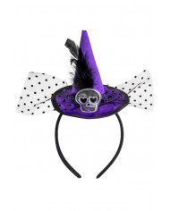 chapeau sorcière violet avec tête de mort, plumes, voile, serre-tête avec carte d’en-tête chapeau sorcière violet avec tête de mort, plumes, voile, serre-tête avec carte d’en-tête