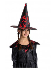 sombrero de bruja negro sangriento de tela plastificada de unos 34 cm de alto con solapa de cartón