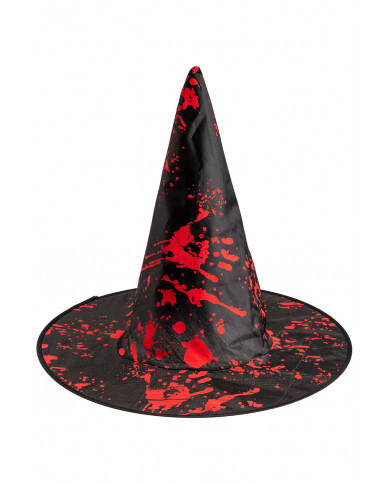 sombrero de bruja negro sangriento de tela plastificada de unos 34 cm de alto con solapa de cartón