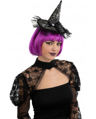 chapeau en satin noir avec nœud, dentelle et serre-tête avec carte d’en-tête