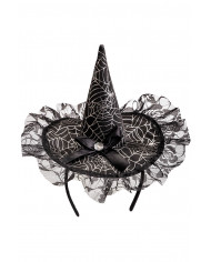 chapeau en satin noir avec nœud, dentelle et serre-tête avec carte d’en-tête