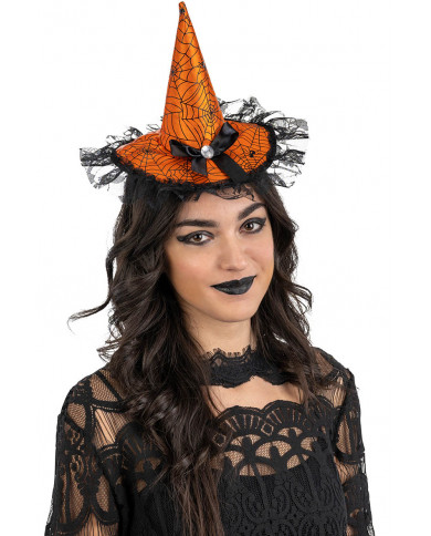 ORANGE SATIN MINI HAT WITH BOW AND LACE ON HEADBAND WITH HEADER