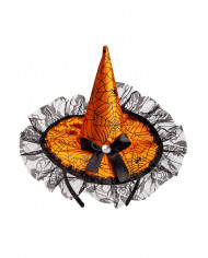 Cappellino  in raso arancione con fiocco e pizzo con cerchietto con cav.