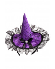 Cappellino  in raso viola con fiocco e pizzo con cerchietto con cav. Cappellino  in raso viola con fiocco e pizzo con cerchietto con cav.