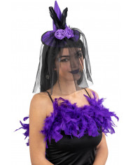 PURPLE SATIN MINI HAT WITH ROSE, FEATHERS AND VEIL ON HEADBAND WITH HEADER