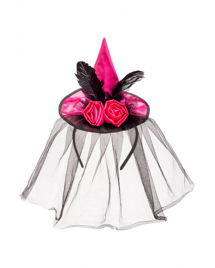 chapeau en satin fuchsia avec rose, plumes, voilette et serre-tête avec carte d’en-tête