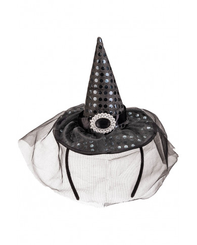 chapeau noir en tissu avec paillettes, boucle, voilette et serre-tête avec carte d’en-tête