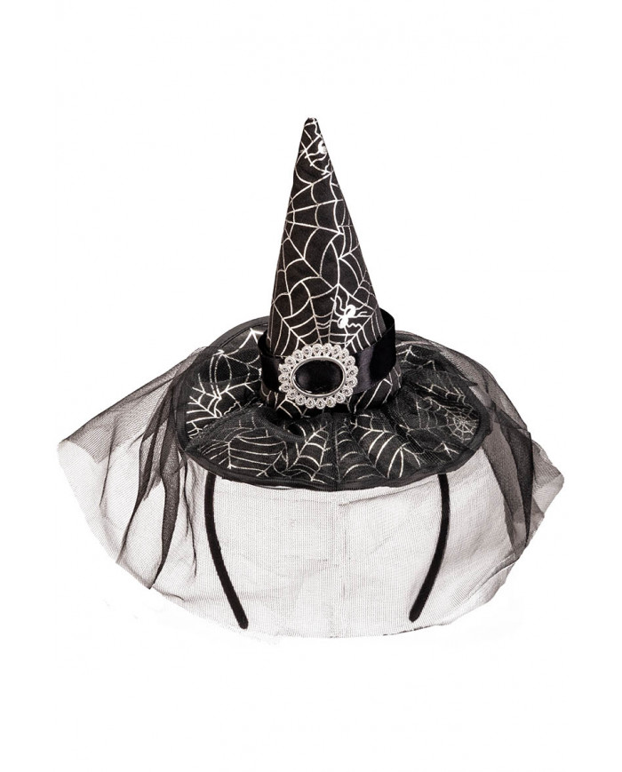 sombrero pequeño de raso negro con hebilla y velo con diadema con solapa de cartón