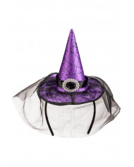 PURPLE SATIN MINI HAT WITH BUCKLE AND VEIL ON HEADBAND WITH HEADER