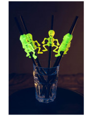 5 pailles en papier avec squelettes G.I.D. (GLOW IN THE DARK) dans une pochette avec carte d’en-tête