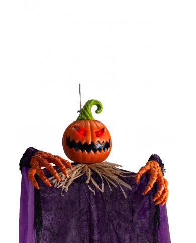 citrouille horreur avec tunique violette et lumières à suspendre, hauteur 115 cm environ dans une pochette (piles comprises)