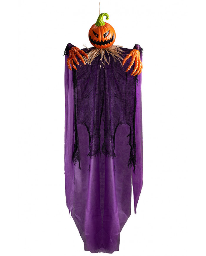 calabaza de terror con túnica morada y luces para colgar de unos 115 cm. de alto en bolsa (pilas incluidas)