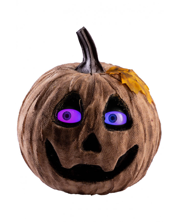 Zucca decorativa in juta con occhi luminosi, movimento e suono h.cm.24 ca.(batt. incluse) con cartellino/etichetta