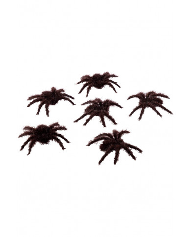 6 araignées poilues marron en plastique, diamètre 7 cm environ sur papier cartonné 6 araignées poilues marron en plastique, diamètre 7 cm environ sur papier cartonné