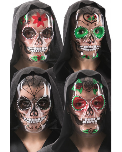 Transparent plastic masks with colorful prints depicting the Transparent plastic masks with colorful prints depicting the
