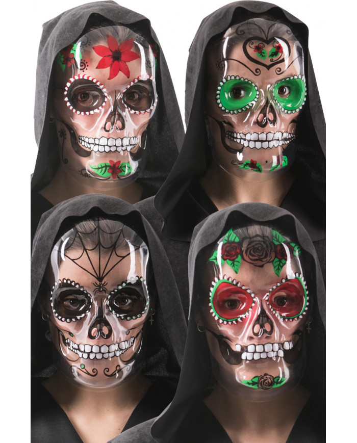 Transparent plastic masks with colorful prints depicting the