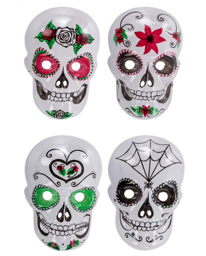 Transparent plastic masks with colorful prints depicting the Transparent plastic masks with colorful prints depicting the