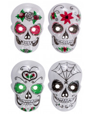 Transparent plastic masks with colorful prints depicting the