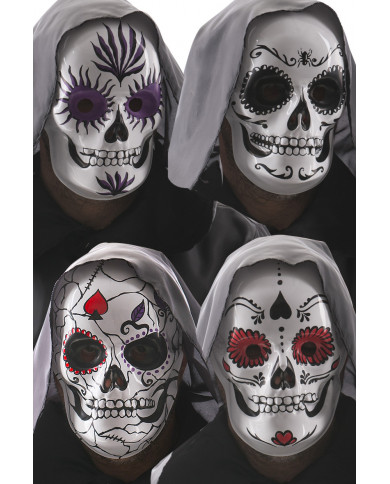 White plastic masks with colorful prints depicting the famous