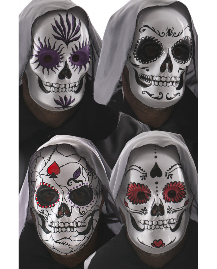 White plastic masks with colorful prints depicting the famous